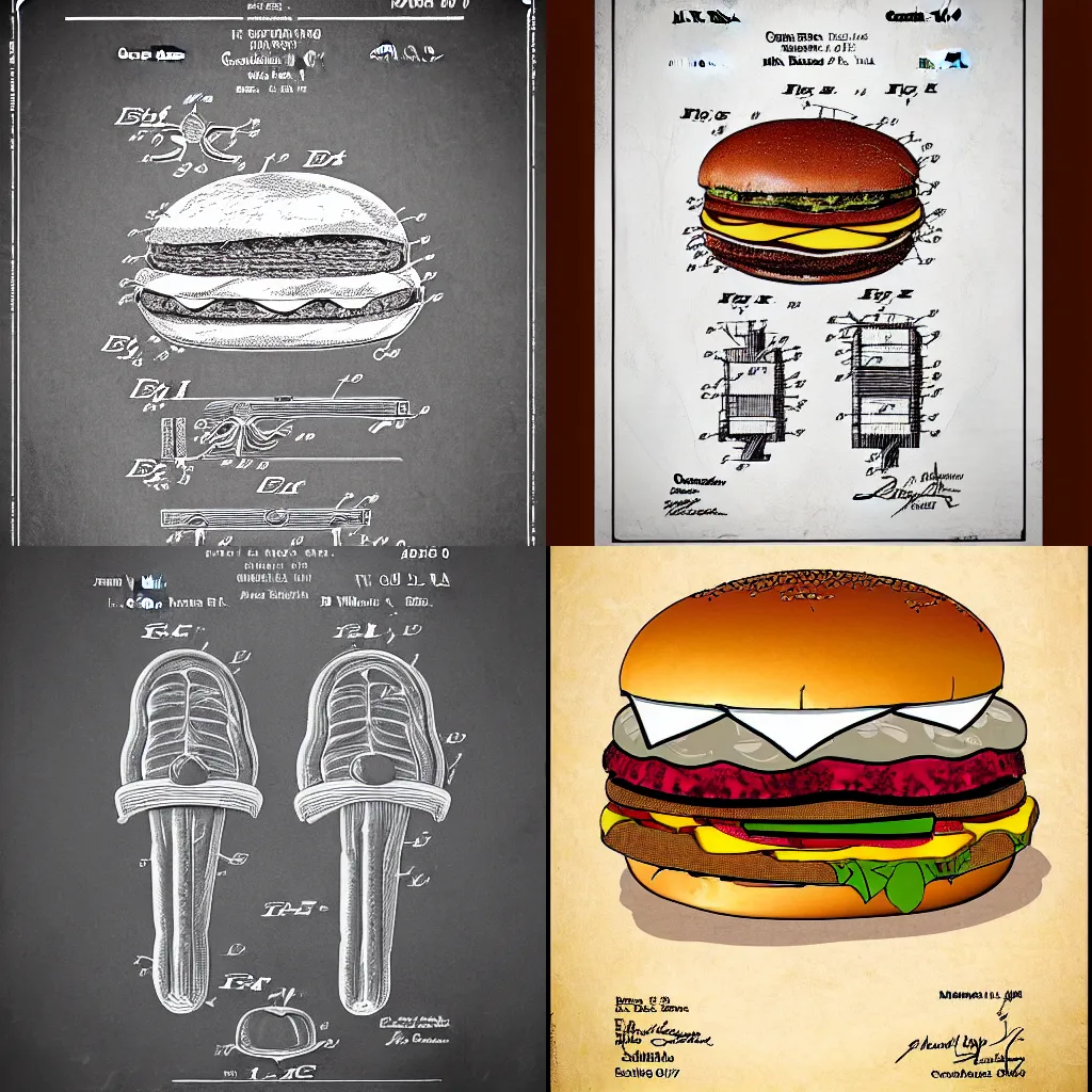 Prompt: patent drawing of bacon cheeseburger