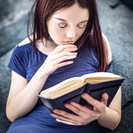 Image similar to a girl reading a book, modelsociety, radiant skin, huge anime eyes, RTX on, perfect face, intricate, Sony a7R IV, symmetric balance, polarizing filter, Photolab, Lightroom, 4K, Dolby Vision, Photography Award