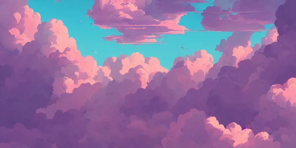 Prompt: clouds in the sky, pink and purple, digital art, blue sky, vivid colors, artgerm, james gilleard, beautiful, highly detailed, intricate, trending on art station