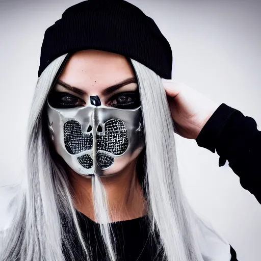 Image similar to very cool girl brilliant silver hair girl with a skull shaped ballistic face mask streetwear techwear cyberpunk style outfit full body nose piercing detailed portrait intricate comp