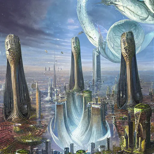 Prompt: soaring pearl towers on dark evil skyscraper stronghold, under outer world forrest, rivers and lakes, art by Dmitry Dubinsky