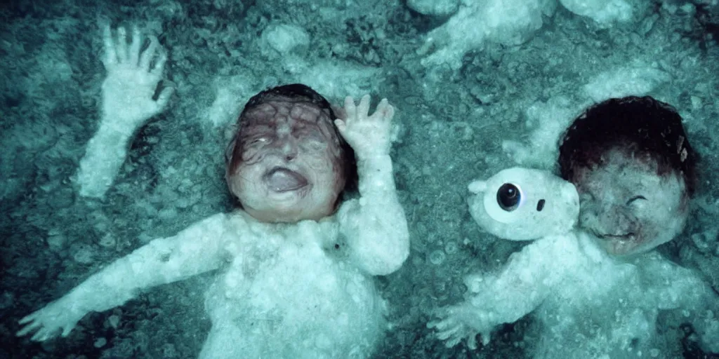 Image similar to underwater ghost babies reaching toward the surface, horror movie, terrifying, night