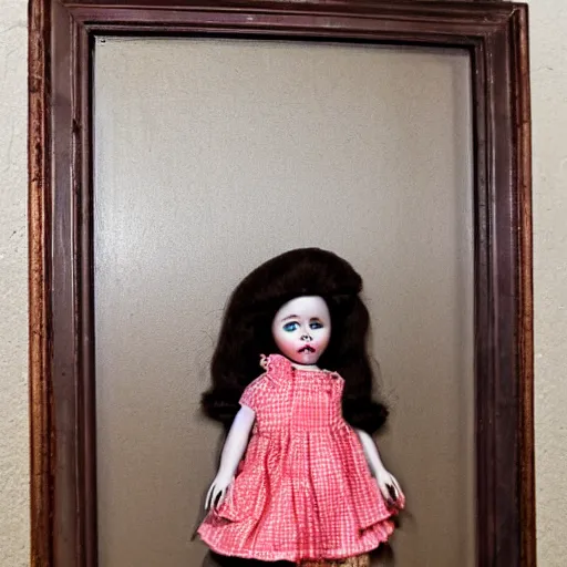 Prompt: creepy vintage doll in darkly lit hallway