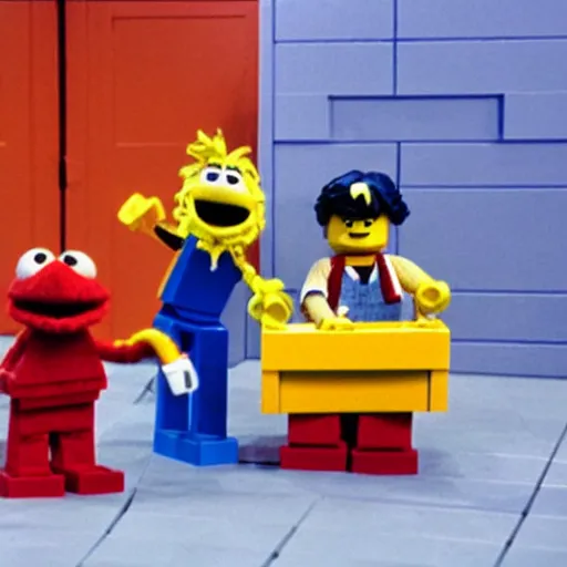 Image similar to Still from Sesame Street episode where Bert and Ernie build a Lego set