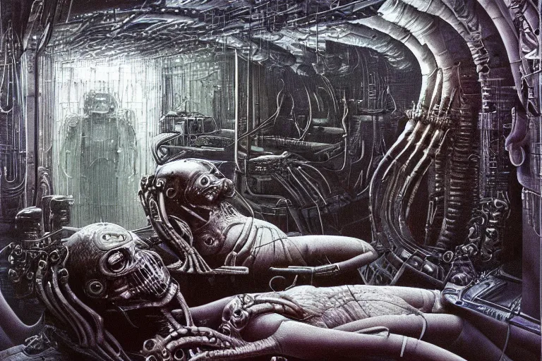 Image similar to the birth of the cyborg sleeping chambre / artificial womb by hr giger. hedonic imperative expressed as a pan - species techno - utopia imagined by jim burns and james gurney, wayne barlowe,. masterpiece scifi artwork, retro, trending on artstation, 8 k