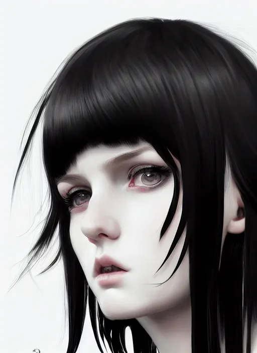 Image similar to portrait of white teenage girl, normal face, black bangs, mall goth, cyberlox, black and white hair, bangs, fluffy bangs, intricate, elegant, highly detailed, digital painting, artstation, concept art, sharp focus, smooth, illustration, art by wlop, mars ravelo and greg rutkowski