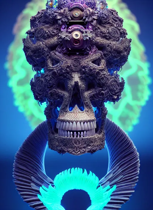 Image similar to 3 d goddess profile portrait, sigma 5 0 0 mm f / 5. beautiful intricate highly detailed quetzalcoatl skull and feathers. bioluminescent, plasma, lava, ice, water, wind, creature, thunderstorm! artwork by tooth wu and wlop and beeple and greg rutkowski, 8 k trending on artstation,