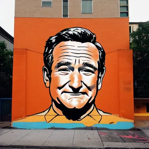 Prompt: robin williams street art mural by sachin teng x obey x supreme : 1 high contrast, hard edges, matte painting, geometric shapes, marijuana, masterpiece : 1