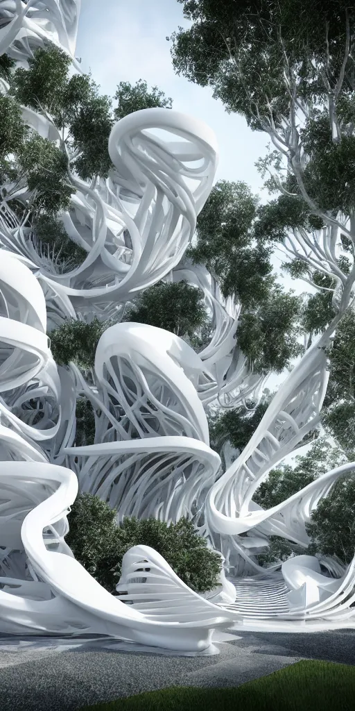 Image similar to white villa 3 d parametric architecture fluid design, vincent callebaut well - defined style, ultra detailed, hyperrealistic, monochromatic, natural volumetric lighting, generative art nebula, photo realistic, archviz, flow everywhere, black metal, magnesium, 8 k, unreal engine