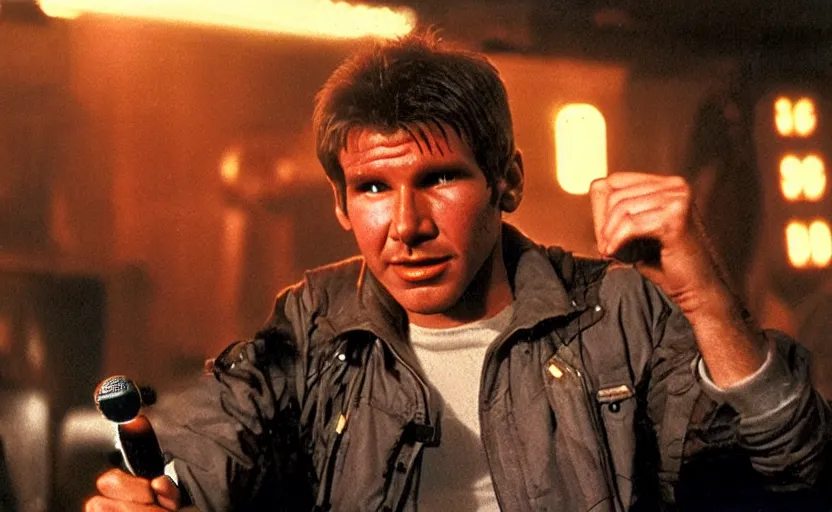 Prompt: young harrison ford as deckard from bladerunner doing standup comedy in a cyberpunk bar behind a mic