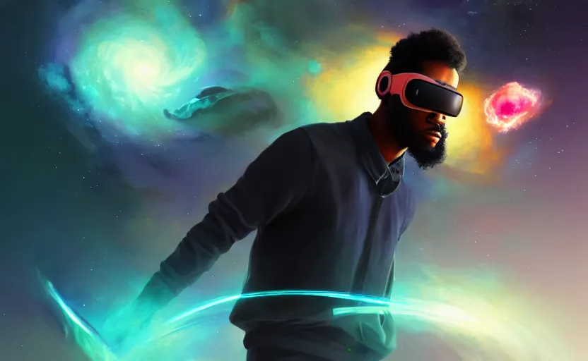 Image similar to handsome black genius hacking the metaverse, vr headset, holographic keyboard and curved digital holographic displays, floating through spacetime, exploding nebulae, highly detailed, digital painting, artstation, concept art, smooth, sharp focus, illustration, art by wlop, mars ravelo and greg rutkowski