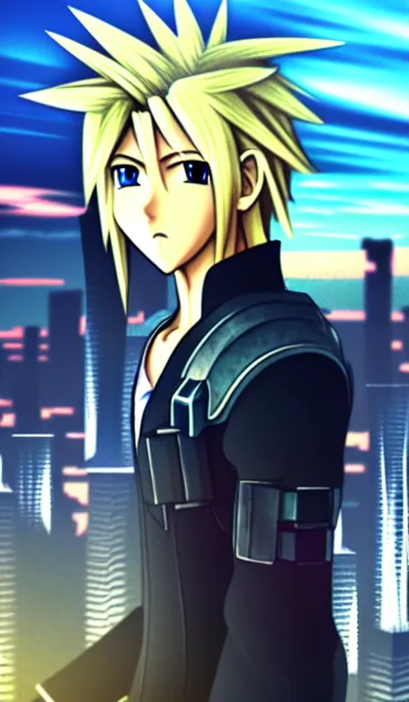 Image similar to anime fine details portrait of Cloud Strife in front of cyberpunk moder city landscape on the background deep bokeh, close-up view, anime masterpiece by Studio Ghibli. 8k, sharp high quality anime, artstation