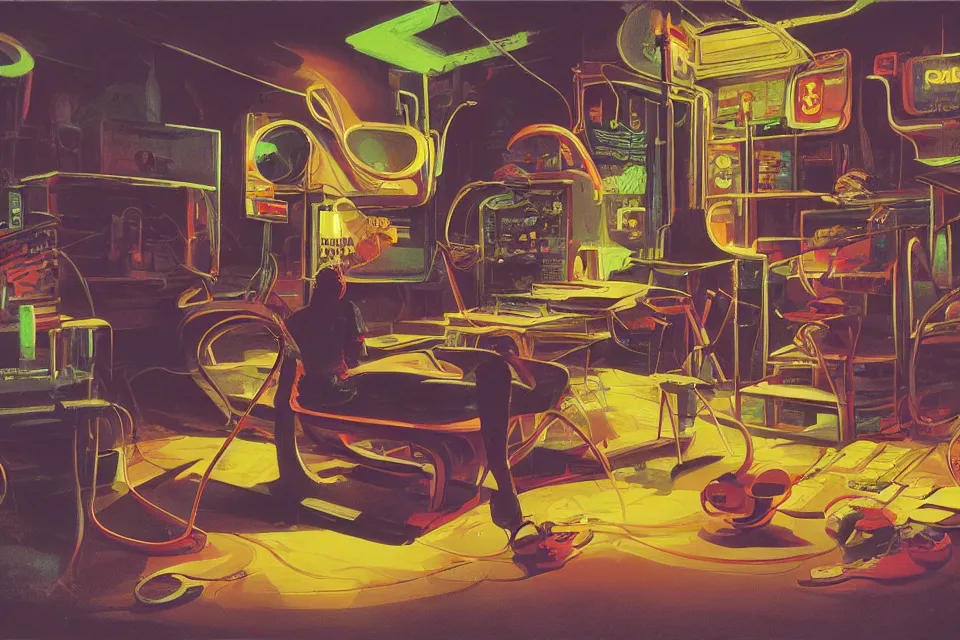 Image similar to mouse in a neon basement, by john kricfalusi and syd mead