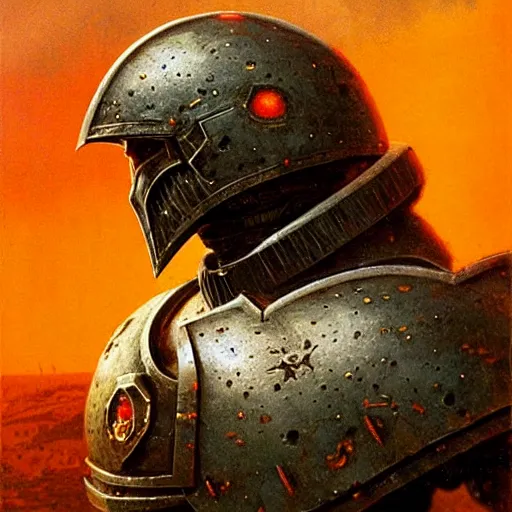 Prompt: space marine in dark plated armor concept, wearing ancient war helm, beksinski