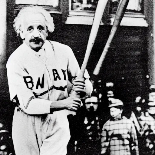 Prompt: photograph of albert einstein holding a baseball bat at the world series