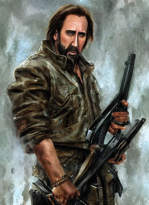 Image similar to nicholas cage as a ranger with a rifle painted by raymond swanland