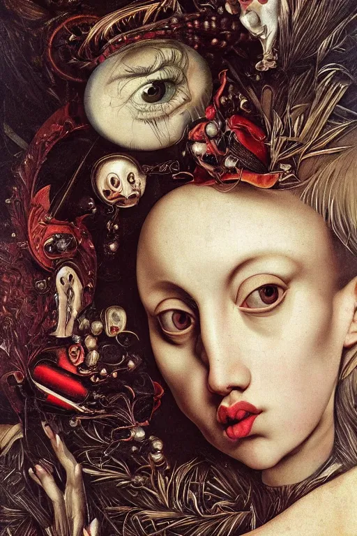 Image similar to Detailed maximalist portrait with large lips and with large, wide eyes, expressive, extra flesh, HD mixed media, 3D collage, highly detailed and intricate, surreal, illustration in the style of Caravaggio, dark art, baroque