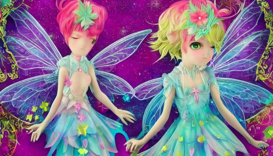 Prompt: a lonely kawaii fairy, detailed, vibrant colors, symmetry features, award winning