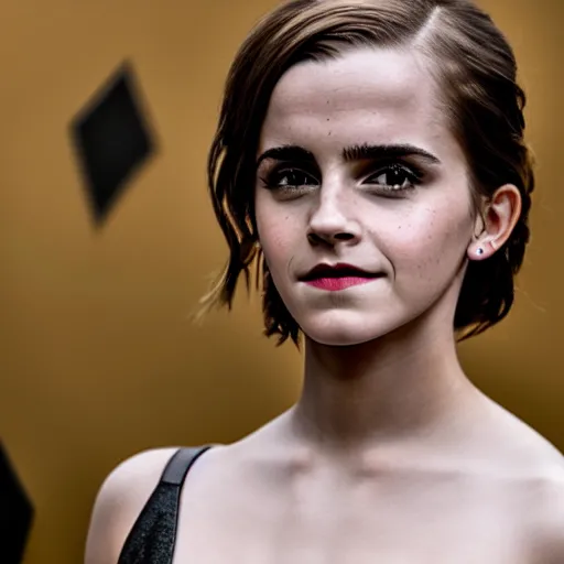 Image similar to Emma Watson in Batman, film grain, EOS-1D, f/1.4, ISO 200, 1/160s, 8K, RAW, symmetrical balance, in-frame, Dolby Vision