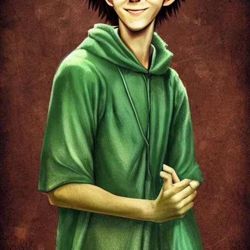 Prompt: A portrait of a adolescent male half-elf wizard who is tall and slim, short brown hair, smiling, deep green eyes, green shirt, college, learning, robes, staff, focus on face, sharp focus, highly detailed, photograph, cinematic, dynamic lighting, trending on artstation.