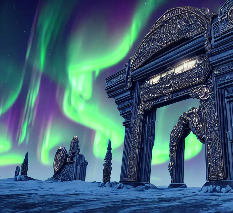 Prompt: a very detailed concept art of intricate and epic gates to aurora borealis, trending on artstation, symmetry, digital art, 4 k, hyper realistic, octane render, sharp focus