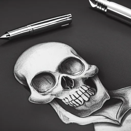 Prompt: A fountain pen lying on an black canvas, leaking ink, in shape of a skull, award winning photography, black and white, law of thirds