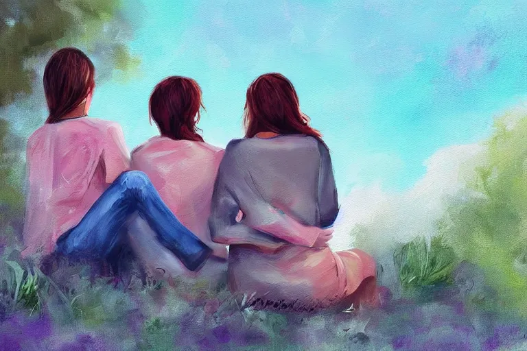 Image similar to beautiful painting of friends, beautiful faces, sitting on the edge, cute, soft light, digital painting