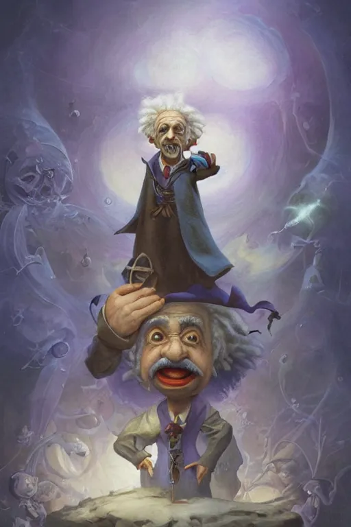 Image similar to spooky painting of albert einstein dressed as a disney genie, sky full of white equations, matte painting by brian froud, shaun tan, wlo and peter mohrbacher, highly detailed, intricate,, award winning artwork, trending on artstation, high quality printing, fine art