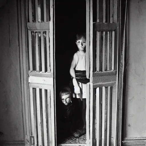 Image similar to creepy child standing behind a window of an old villa. 1 9 2 0 s black and white photo. wide shot. eerie, foggy.