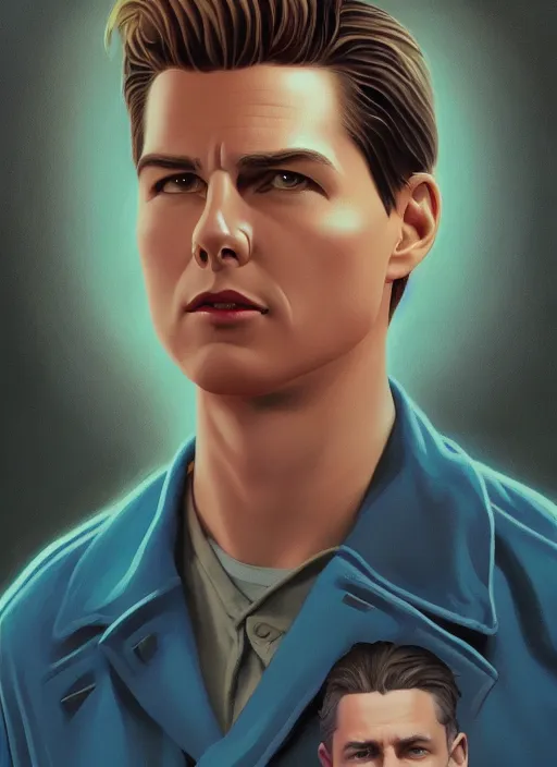 Prompt: Twin Peaks poster artwork by Michael Whelan and Tomer Hanuka, Karol Bak, Rendering of young innocent Tom Cruise, from scene from Twin Peaks, full of details, by Makoto Shinkai and thomas kinkade, Matte painting, trending on artstation and unreal engine
