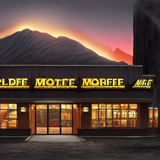 Prompt: a matte painting of a Waffle House inside of Mordor,