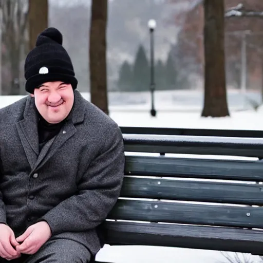 Image similar to Kevin Malone wearing a black beanie hat and black wool overcoat sitting on a park bench during the winter