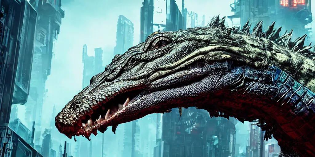 Image similar to a cyberpunk alligator creature closeup, fallout 5, studio lighting, deep colors, apocalyptic setting, vertically mirrored city in background
