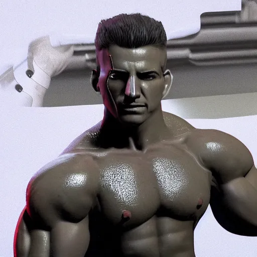 Image similar to a realistic detailed photo of a bodybuilder who is also a male android Chris Redfield, shiny skin, posing robotically, blank stare