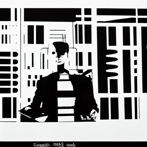 Image similar to a minimalist portrait of Marcel Duchamp holding computer cables in the style of Annie Leibovitz, Irving Penn, Hito Steyerl, Shinya Tsukamoto, Saâdane Afif, Alfredo Jaar line drawing and 35mm film, wide angle, monochrome, futuristic tetsuo