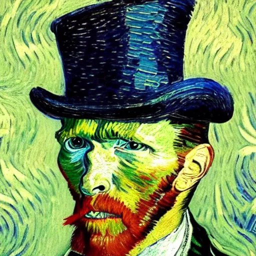 Image similar to a van gogh painting of a scp 1 7 3 wearing a top hat, 4 k, hyper realistic, dslr, landscape, high resolution