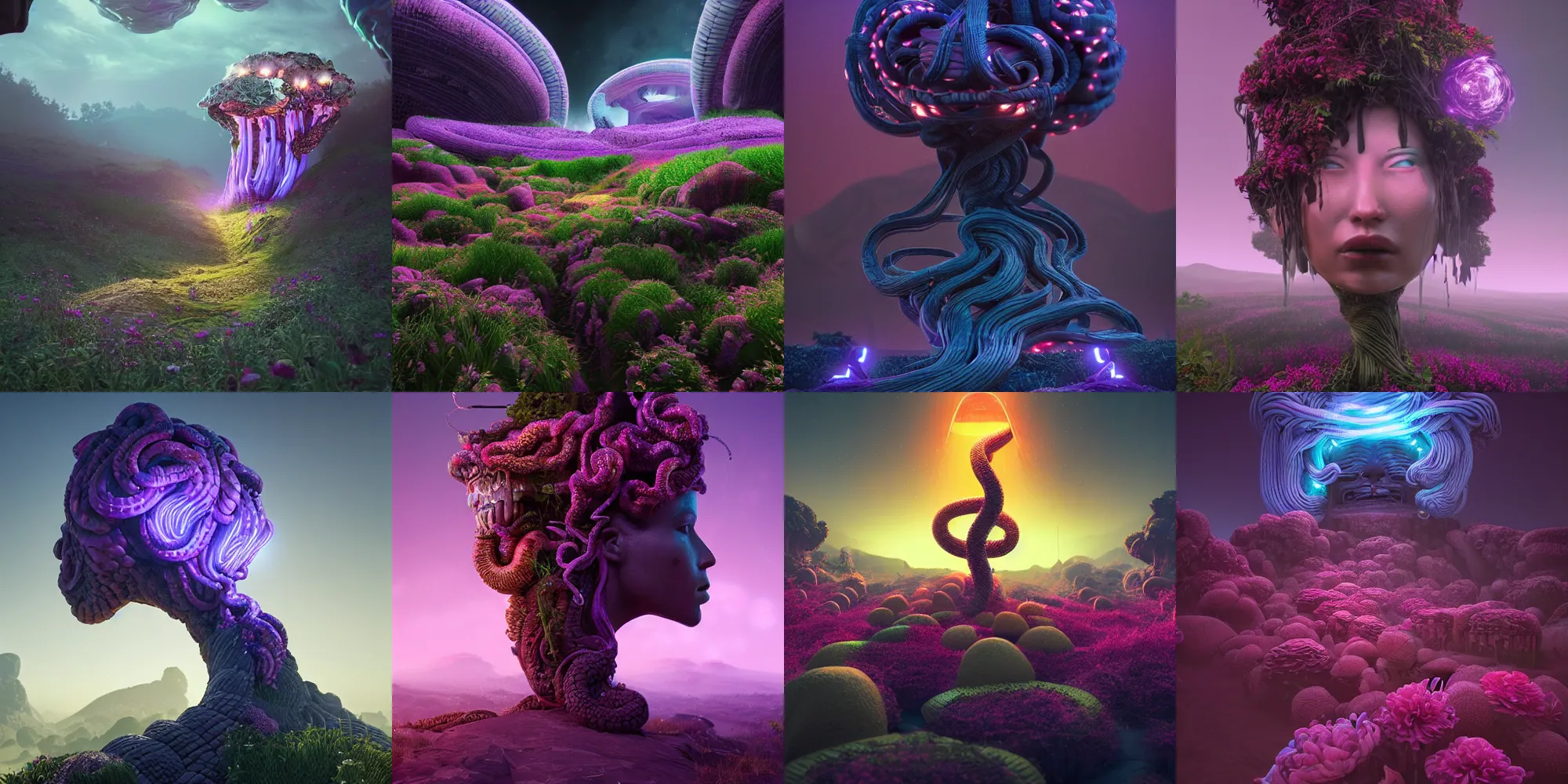 Prompt: beautiful dark landscape, medusa gorgon head, beautiful flowers growing, in the style of beeple and mike winkelmann, intricate, epic lighting, cinematic composition, hyper realistic, 8 k resolution, unreal engine 5, raytracing, ultraviolet colors,