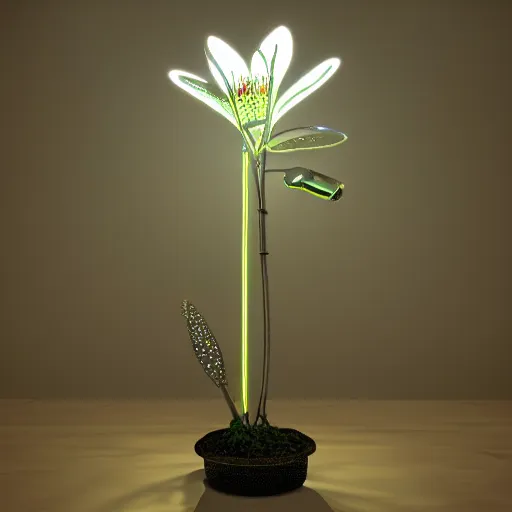 Prompt: a cybernetic, metallic, reflective orchid flower, LED lights, glowing, unreal engine
