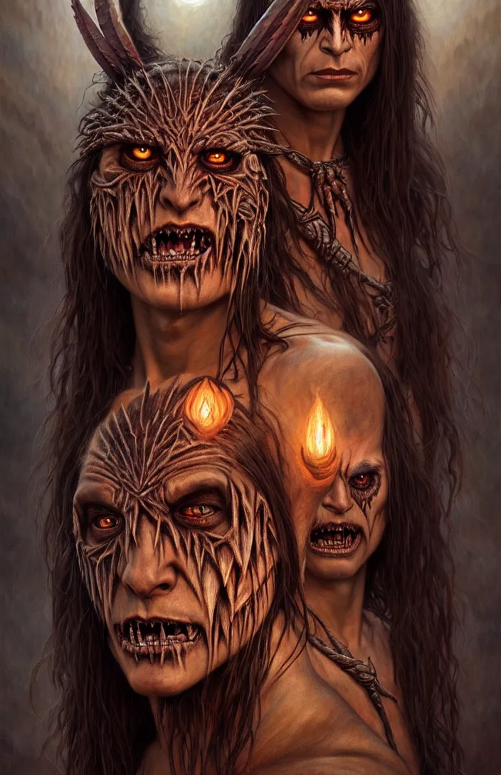 Prompt: evil native american skinwalker transformation, horror demon, heroic lighting, dark fantasy, intricate, elegant, highly detailed, lifelike, photorealistic, digital painting, artstation, illustration, concept art, smooth, sharp focus, art by John Collier and Albert Aublet and Krenz Cushart and Artem Demura and Alphonse Mucha