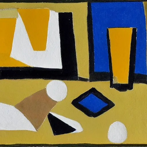 Prompt: a painting by ben nicholson in the style of ivon hitchens, table still life with cards. jug