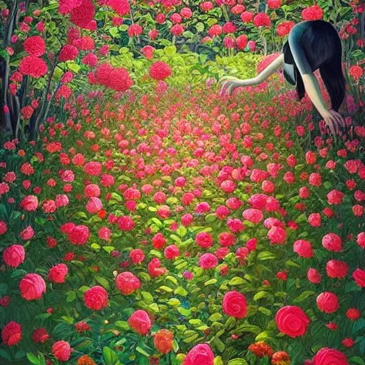 Image similar to hyper detailed painting- surreal flowers bushes everywhere, long petals, entangled foliage, glowing blossoms, huge blossoms, art by James Jean, Masterpiece, Edward Hopper and James Gilleard, Ross Tran, Mark Ryden, Wolfgang Lettl, hints of Yayoi Kasuma, surreal