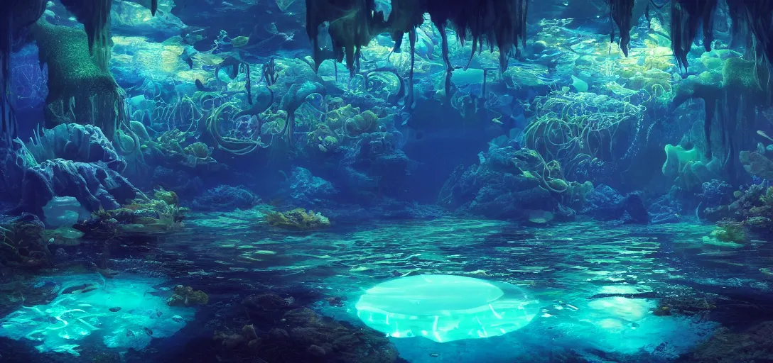 Prompt: beautiful fantasy view of underwater at night, bioluminescence, glowing water with caustics, dappled light, reflections, liquid refraction, calm lighting, ultra detailed, sharp, ambient occlusion, raytracing, vibrant, vivid colors, artistic, by dylan cole, sebastian meyer and jordan grimmer