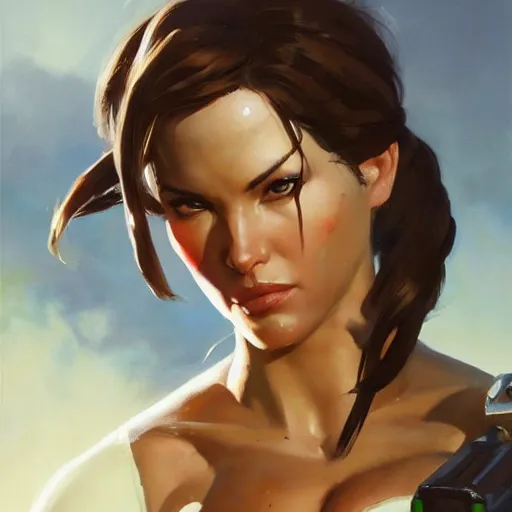 Image similar to greg manchess portrait painting of partially armored lara croft as overwatch character, close - up shot, asymmetrical, profile picture, organic painting, sunny day, matte painting, bold shapes, hard edges, street art, trending on artstation, by huang guangjian and gil elvgren and sachin teng