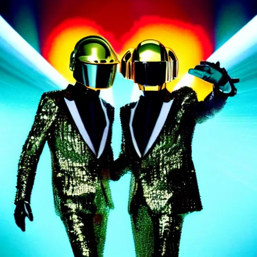 Image similar to photograph of Daft Punk ascending from Heaven to bestow humanity their new album