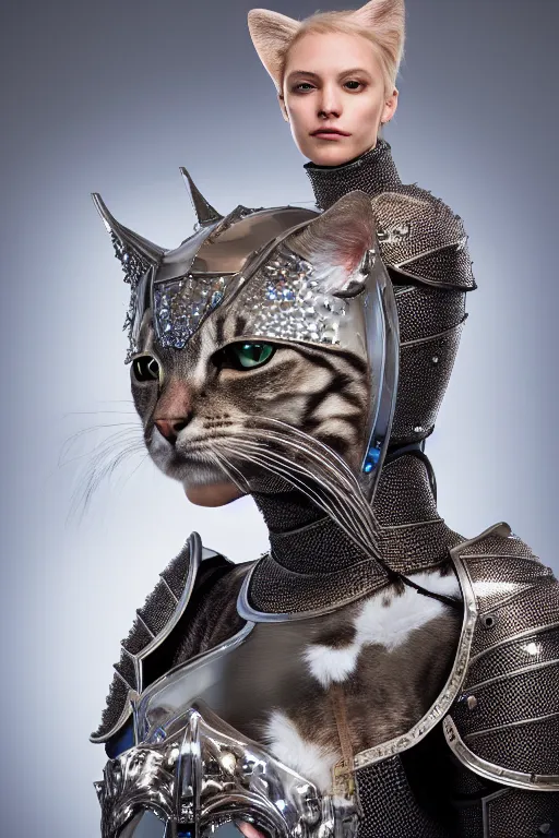 Image similar to female knight wearing a real cat on her head, armor designed by wayne barlowe, swarovski and tiffany, blonde hair, symmetry, sci - fi, cinematic, elegant, luxury, perfect light, perfect composition, dlsr photography, sharp focus, dark fantasy, 8 k, ultra hd, sense of awe, highly detailed, realistic, intricate