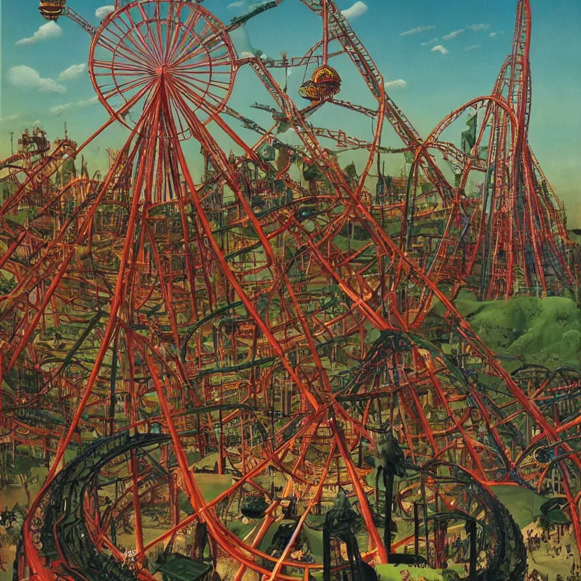 Prompt: an amusement park with rollercoasters, rides, a ferris wheel, and attractions, by richard corben, zdzisław beksinski. goosebumps cover art. pulp horror art.