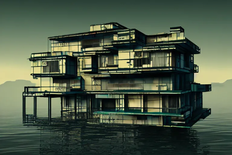 Prompt: distorted cyberpunk house in the lake, artwork by bauhaus, 4 k, 3 d ar vr art, metaverse concept art