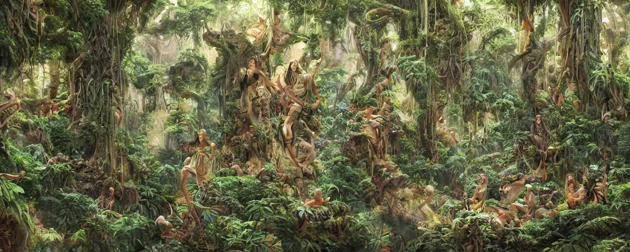 Prompt: painting of priestesses of the ancient centipede temple, lush jungle, centipede god, jungle canopy, overgrowth, by ArtGerm and Justin Cheung and Stephané Roux and Makoto Shinkai, insanely detailed and intricate, ornate, elegant, award winning, vermillion and cyan, maximalist, trending on Artstation, matte painting, interior scene, camel statue, ritual circle, temple rites, golden ratio, trending on CGstation, divine proportion, rich color, vibrant