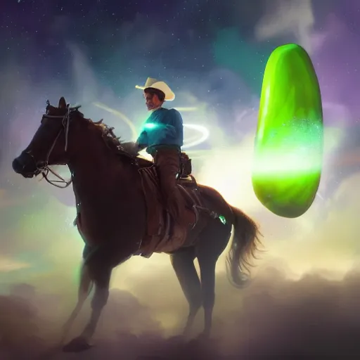 Image similar to Cowboy riding a giant pickle through outer space, volumetric lighting, digital painting, artstation, very detailed, hyperrealistic