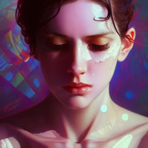 Image similar to young woman, gorgeous face, vaporwave aesthetic, synthwave, colorful, psychedelic, broken, shattered, beaten, sadness, crying, tears, artstation, concept art, smooth, extremely sharp detail, finely tuned detail, 8 k, unreal engine 5, ultra sharp focus, illustration, art by artgerm and greg rutkowski and alphonse mucha